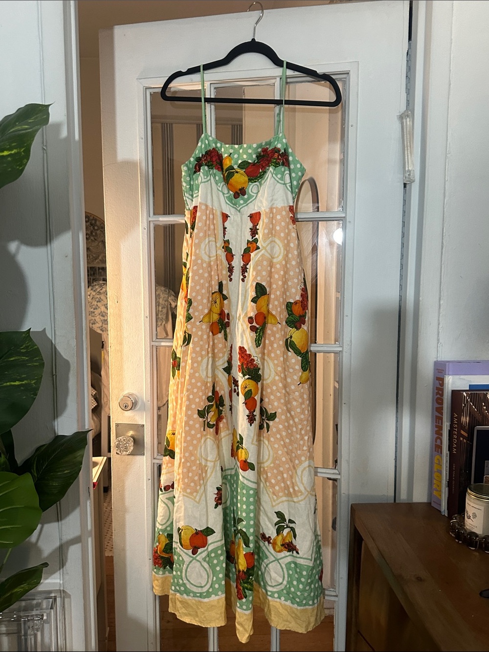 Caroline Constas Green, Peach & Yellow Fruit-Print Maxi Dress